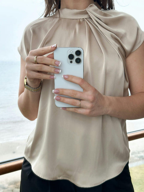 Neo noir - Fleur drapy satin blouse - 125 Dark sand
