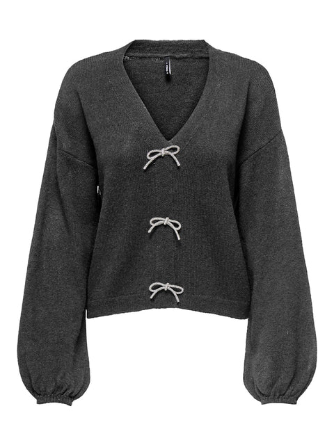 Only - 15343634 ONLDONNA LS V-NECK PU - Dark Grey Melang